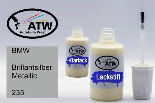 BMW, Brillantsilber Metallic, 235: 20ml Lackstift + 20ml Klarlack - Set, von ATW Autoteile West.